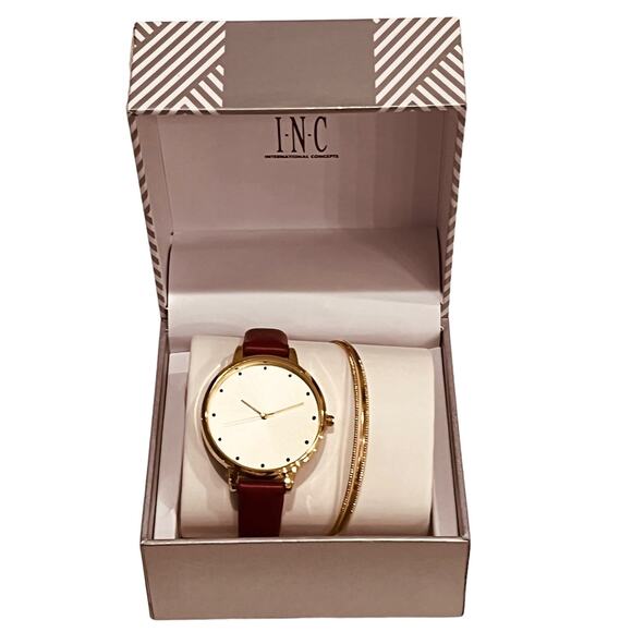 NEW INC Womens Cinnamon Faux-Leather WATCH 35mm & Gold BRACELET Set Macys Boxed - Picture 6 of 7